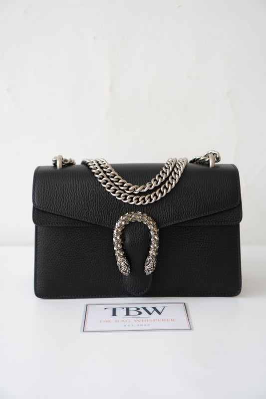 Dionysus Medium – Black Grained Leather with Crystal Tiger Head Closure