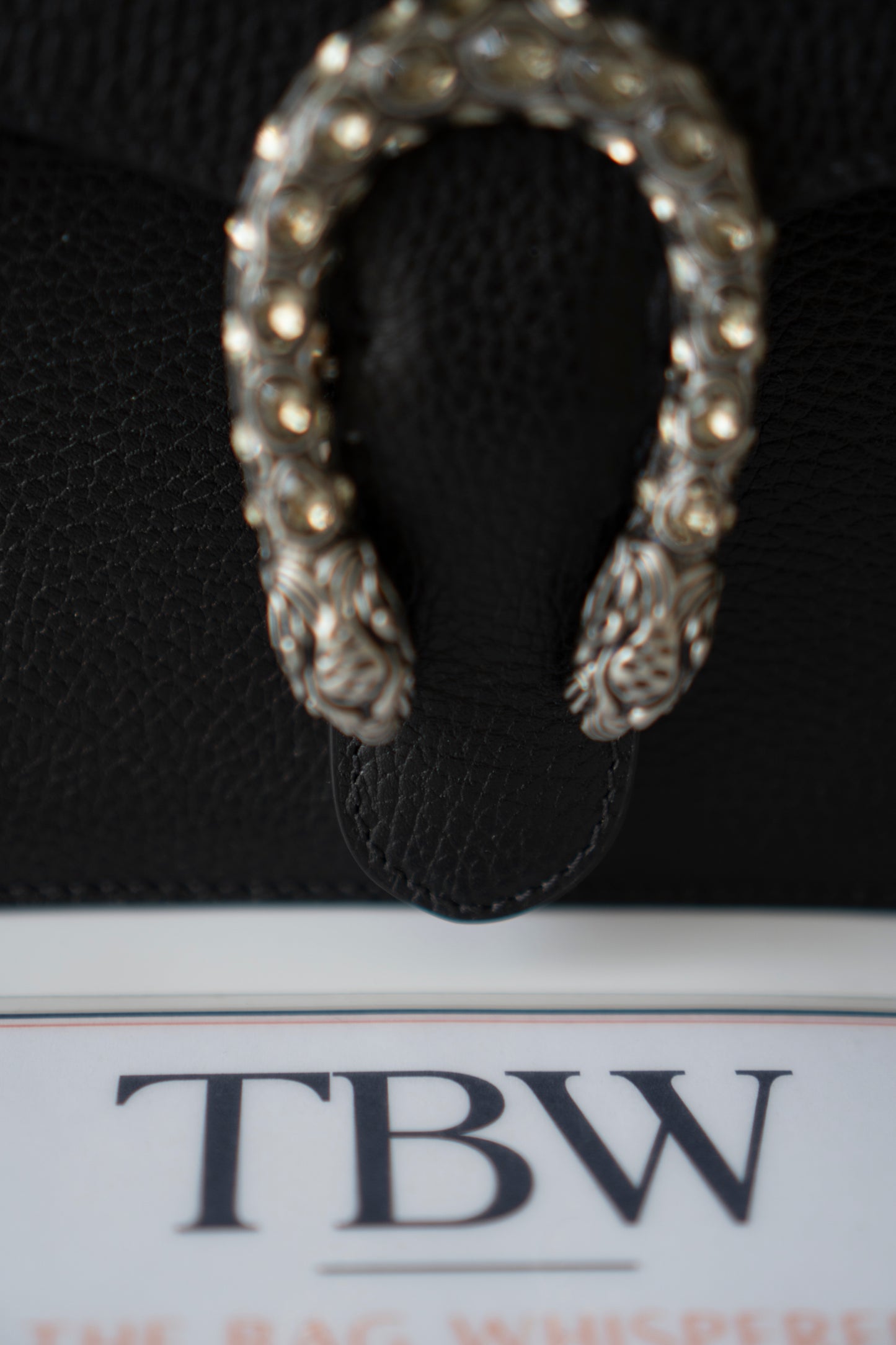 Dionysus Medium – Black Grained Leather with Crystal Tiger Head Closure