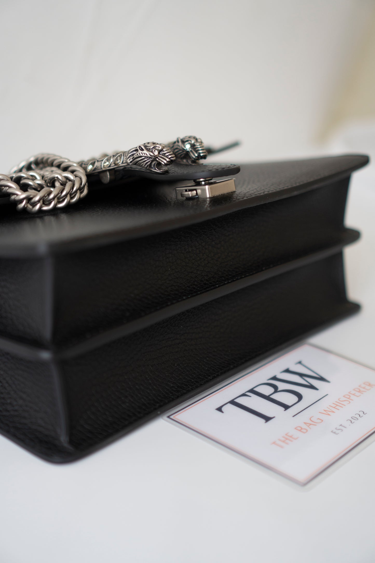 Dionysus Medium – Black Grained Leather with Crystal Tiger Head Closure