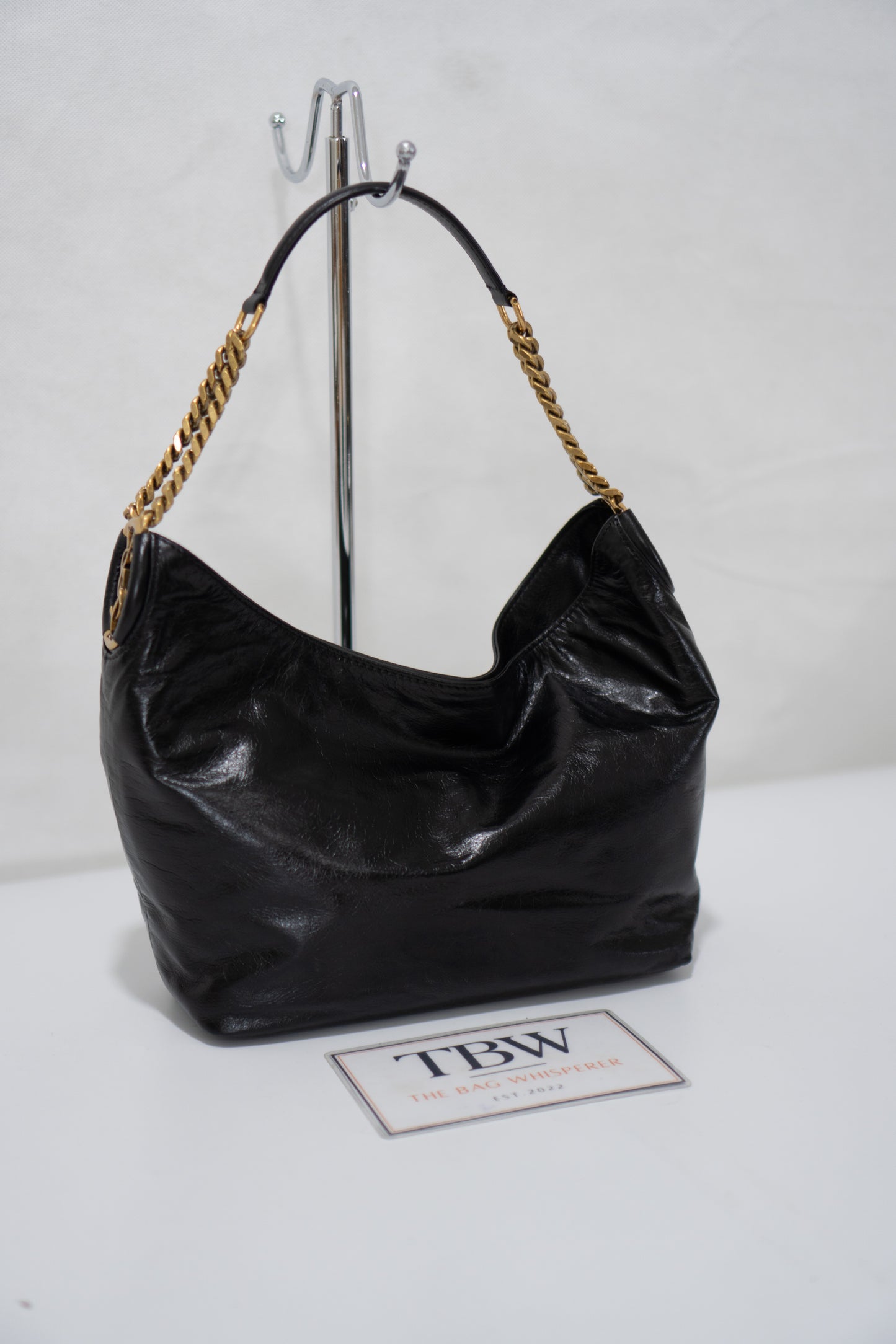 Hortense Small Hobo – Black Shiny Crinkled Leather with Bronze Hardware