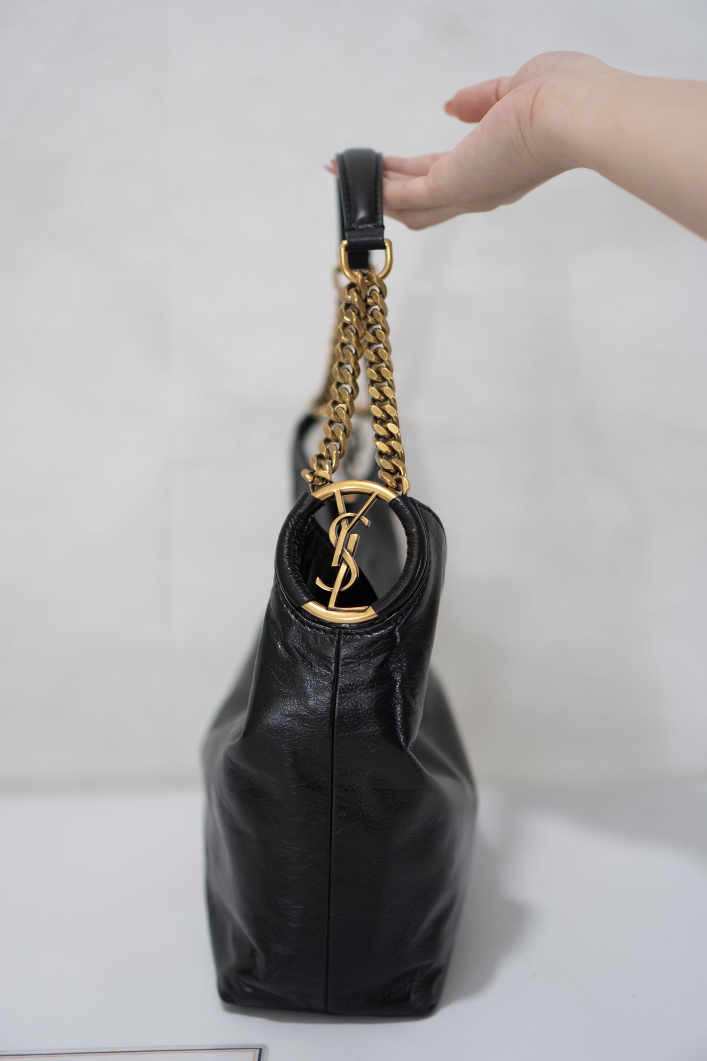 Hortense Small Hobo – Black Shiny Crinkled Leather with Bronze Hardware