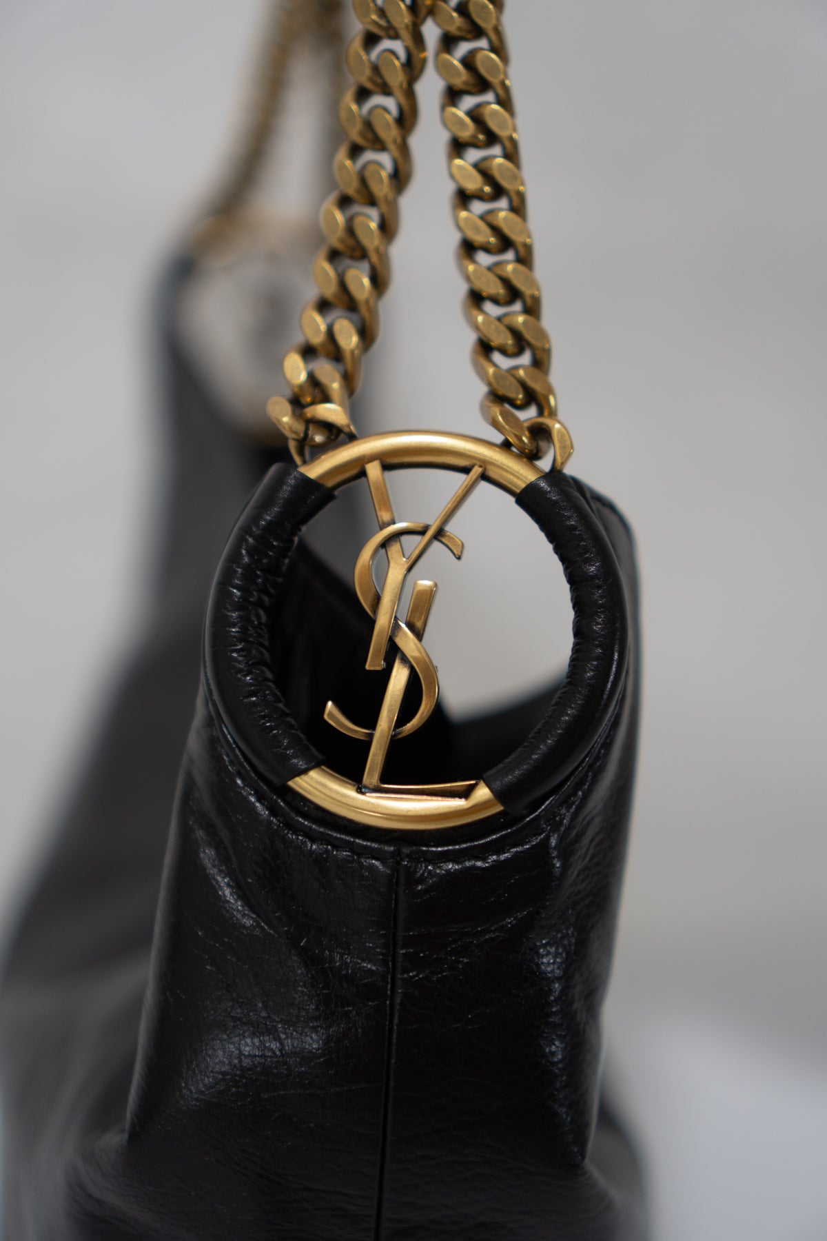 Hortense Small Hobo – Black Shiny Crinkled Leather with Bronze Hardware