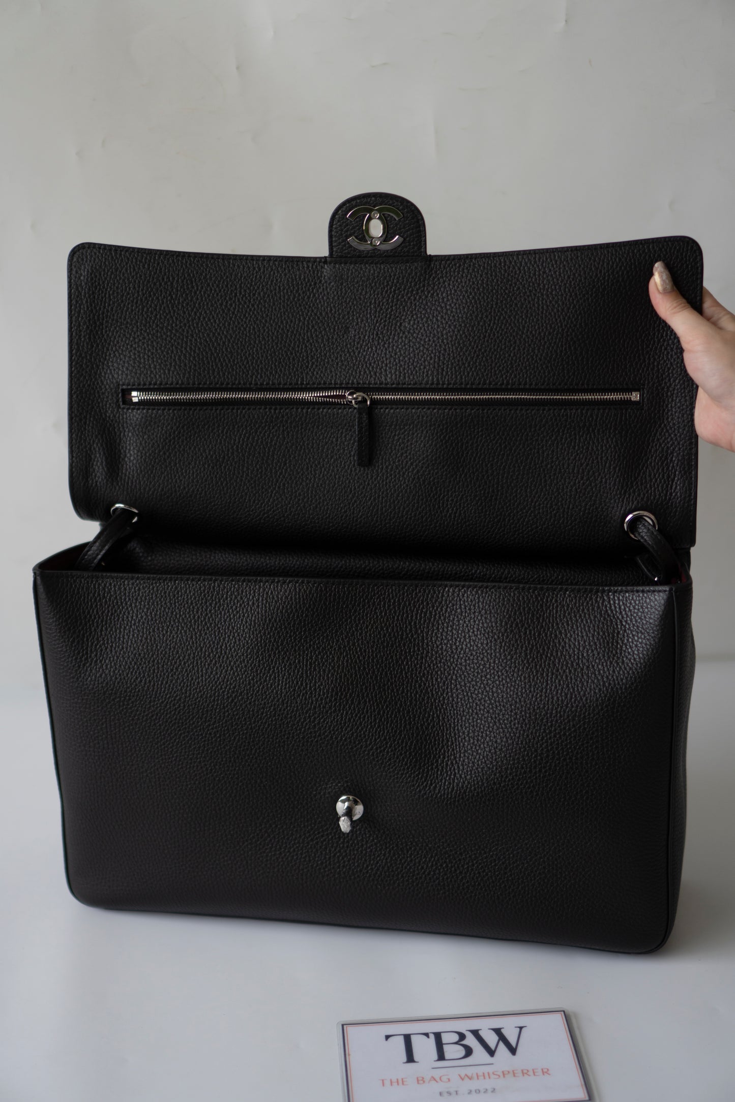 Maxi Flap Black Pebbled Calfskin Leather Silver Hardware