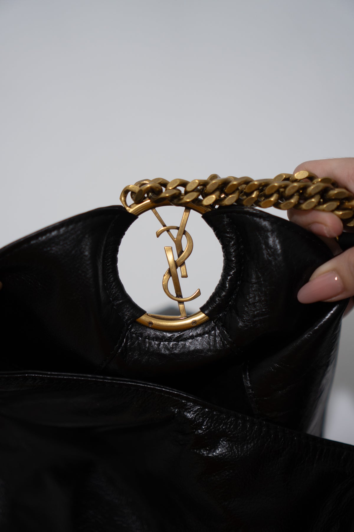 Hortense Small Hobo – Black Shiny Crinkled Leather with Bronze Hardware