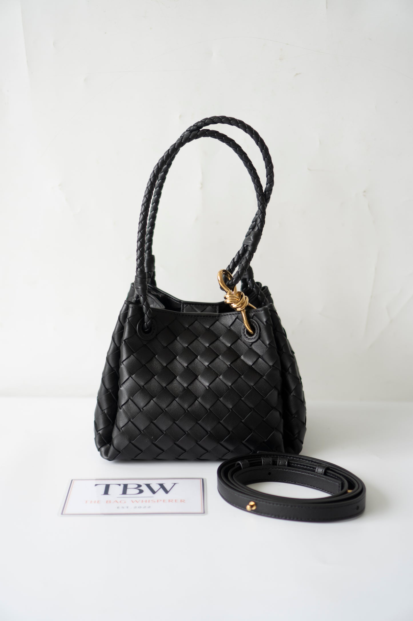 Parachute Bag – Black Intrecciato Leather with Gold Hardware