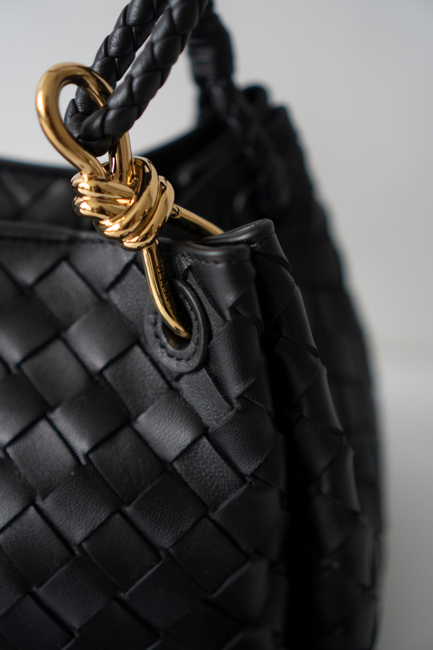 Parachute Bag – Black Intrecciato Leather with Gold Hardware