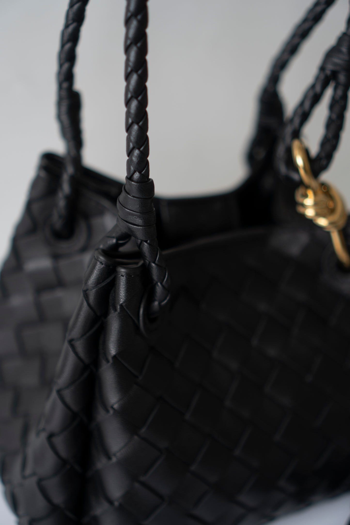 Parachute Bag – Black Intrecciato Leather with Gold Hardware