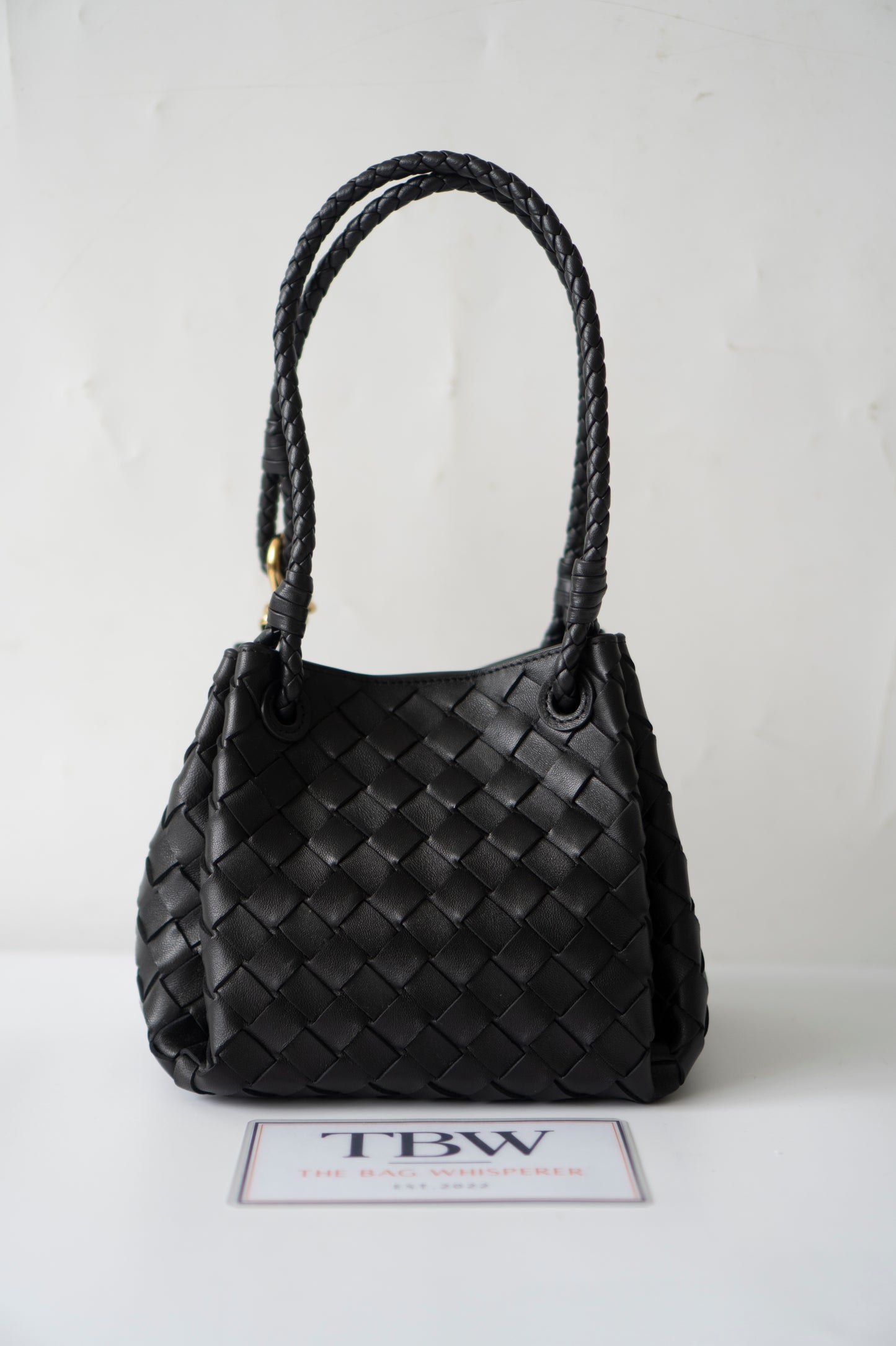 Parachute Bag – Black Intrecciato Leather with Gold Hardware