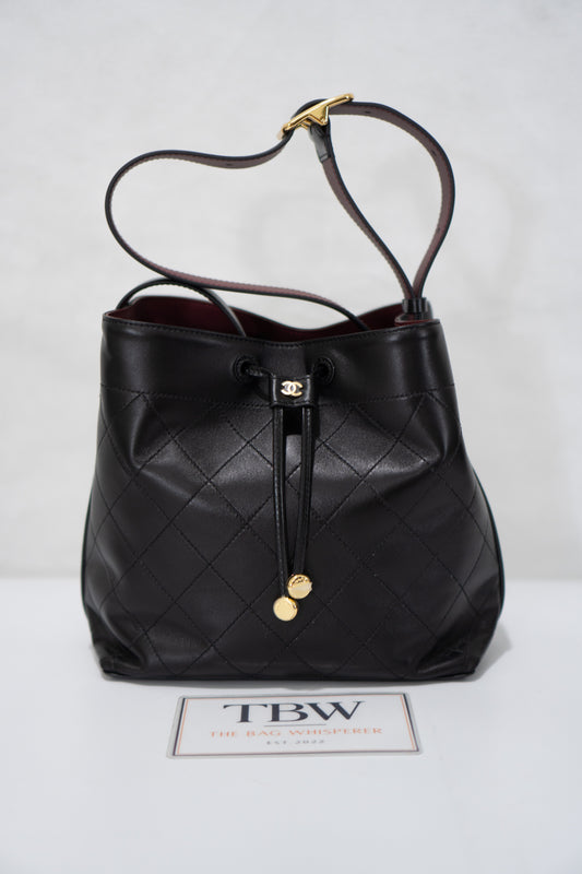CC Small Bucket Bag – Black Quilted Lambskin with Gold Hardware