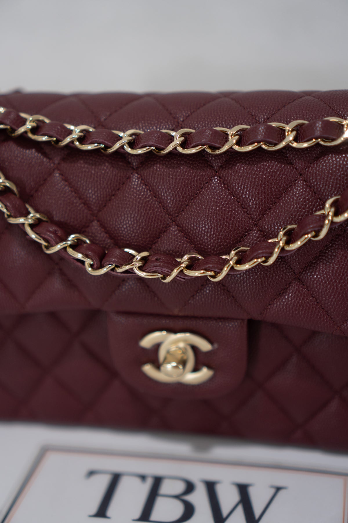 Classic Flap Bag – Burgundy Caviar Leather with Light Gold Hardware