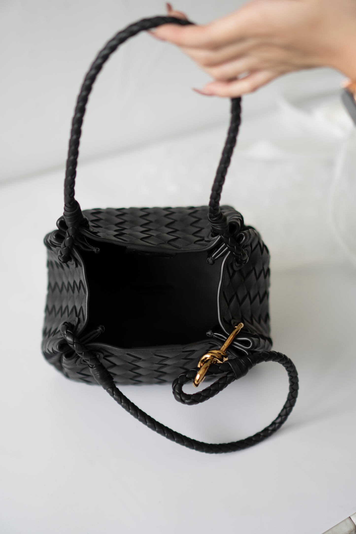 Parachute Bag – Black Intrecciato Leather with Gold Hardware