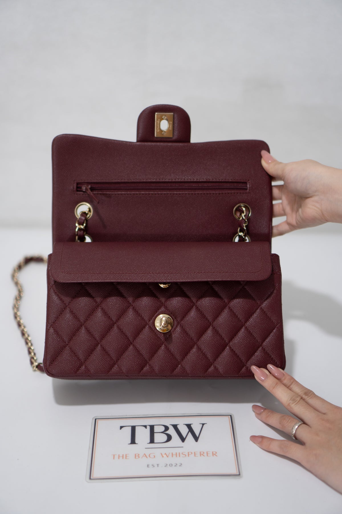 Classic Flap Bag – Burgundy Caviar Leather with Light Gold Hardware