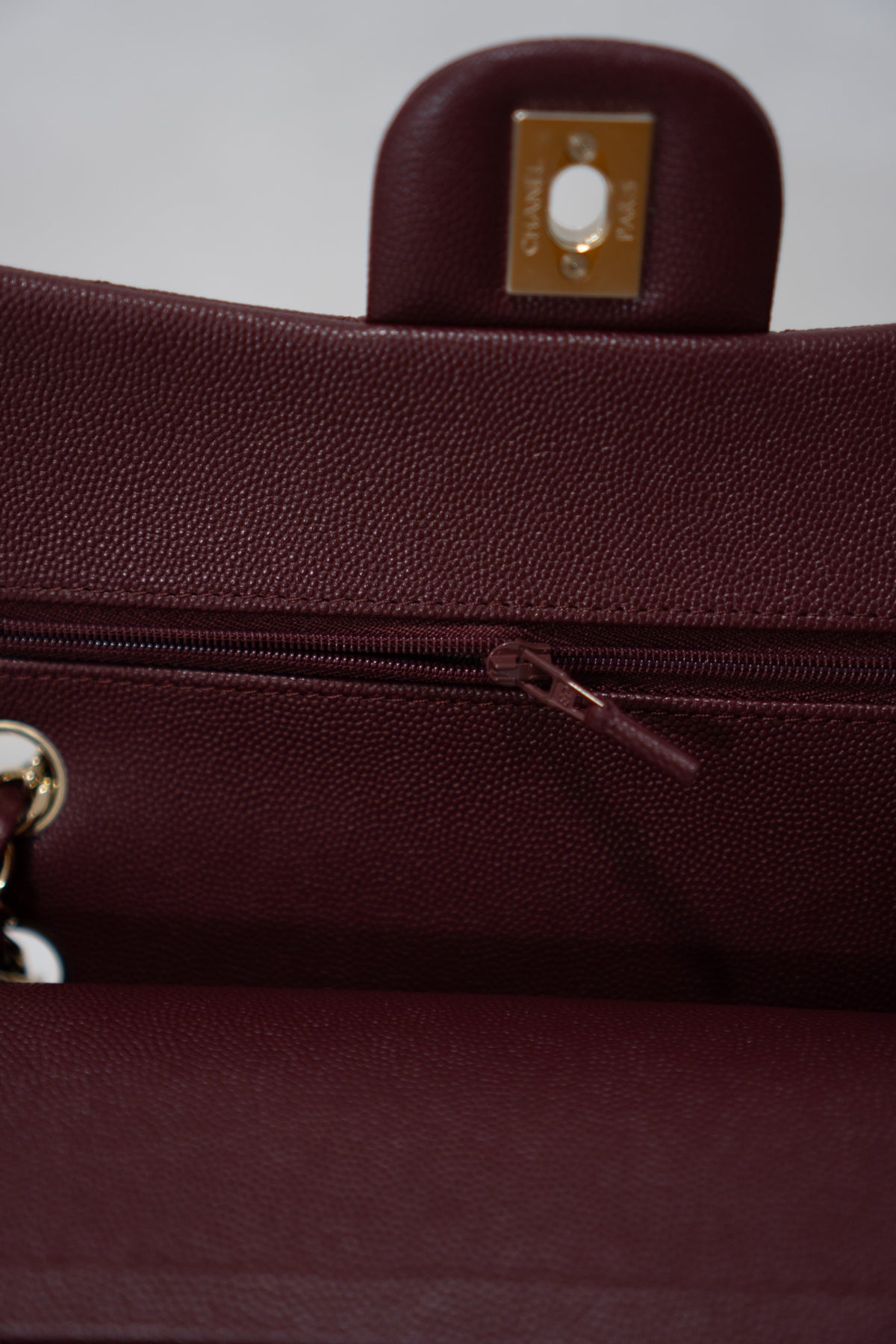 Classic Flap Bag – Burgundy Caviar Leather with Light Gold Hardware