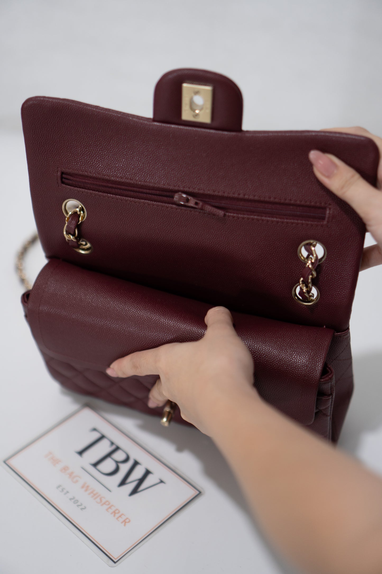 Classic Flap Bag – Burgundy Caviar Leather with Light Gold Hardware