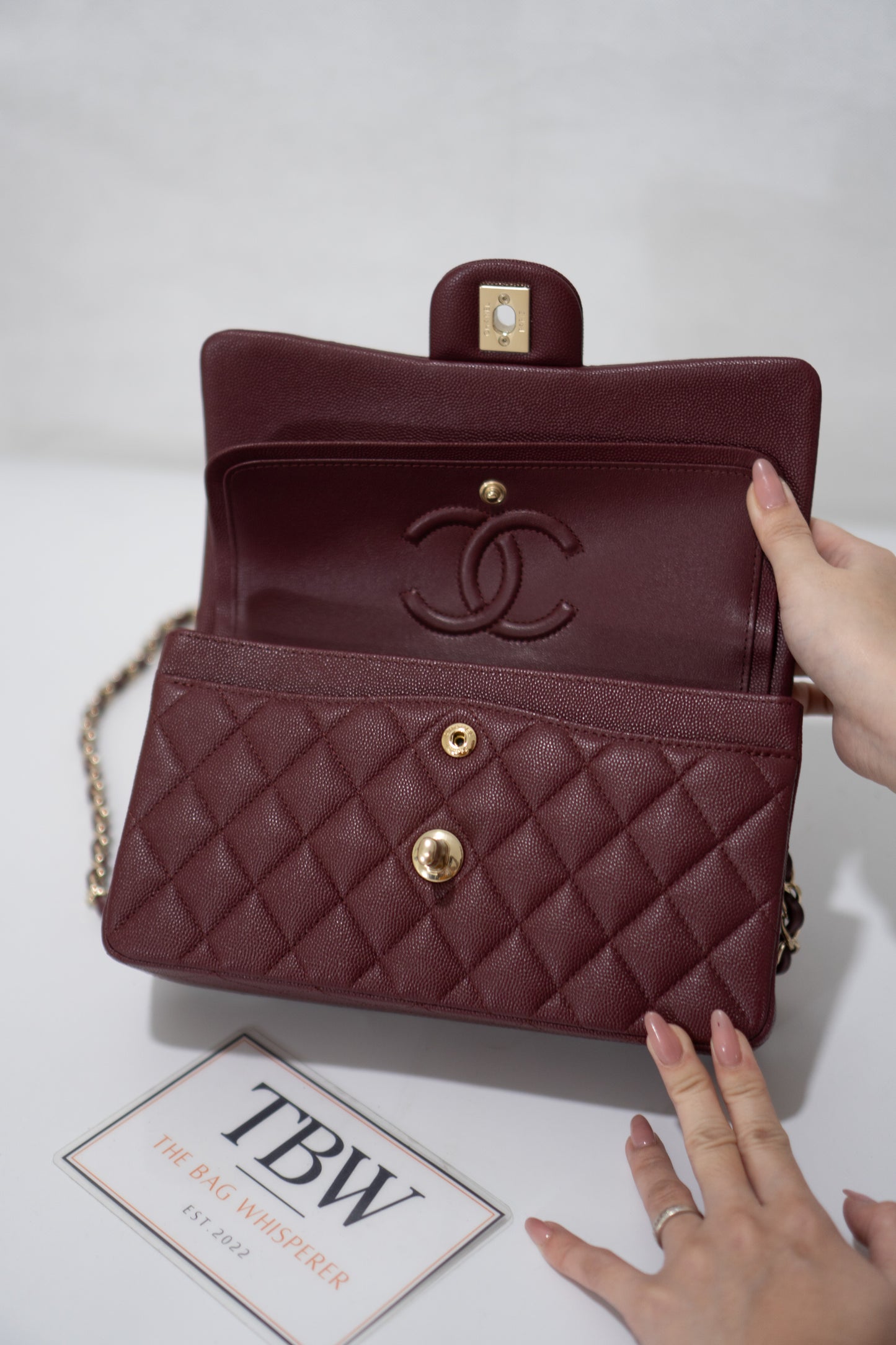 Classic Flap Bag – Burgundy Caviar Leather with Light Gold Hardware