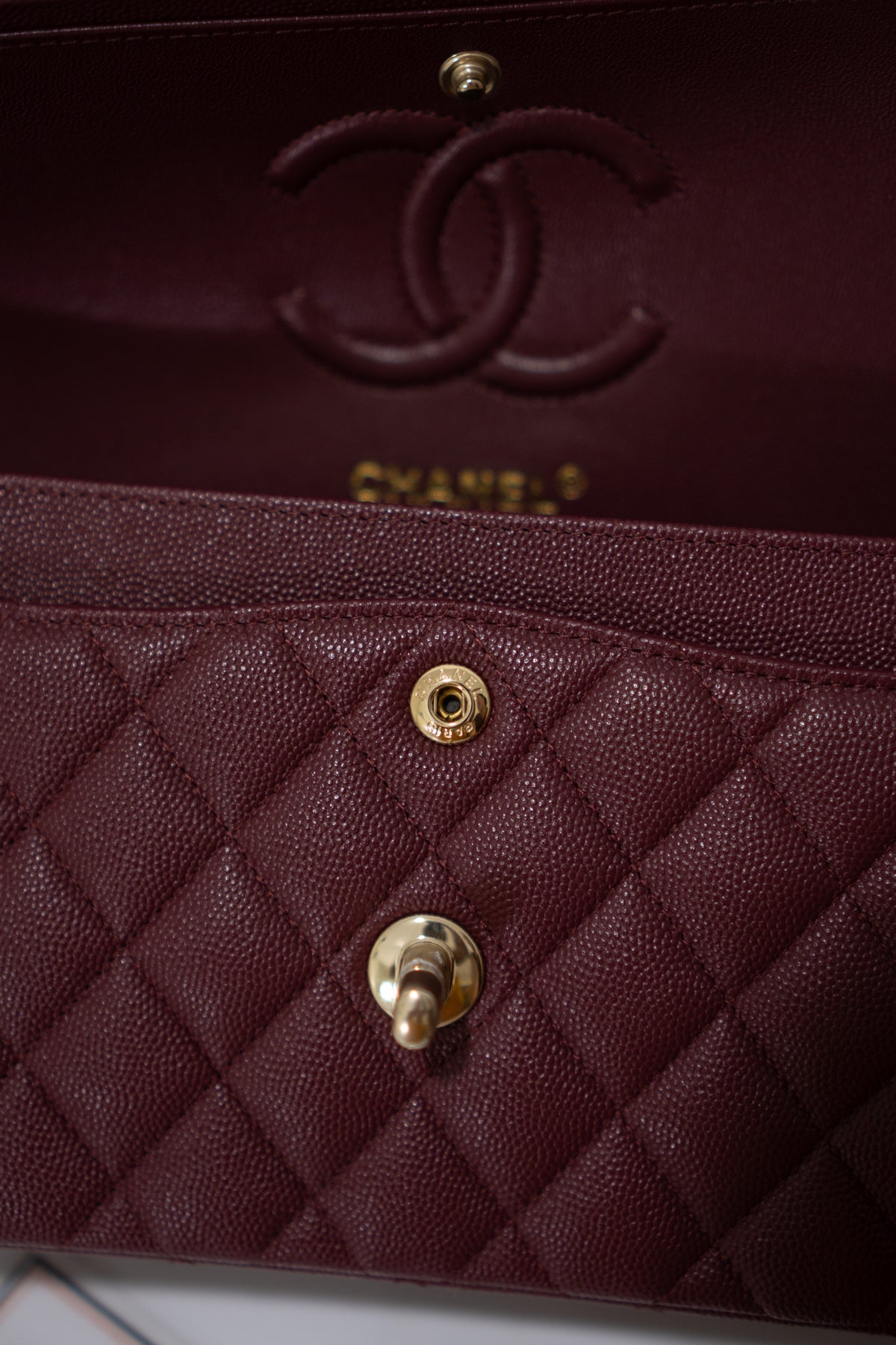 Classic Flap Bag – Burgundy Caviar Leather with Light Gold Hardware