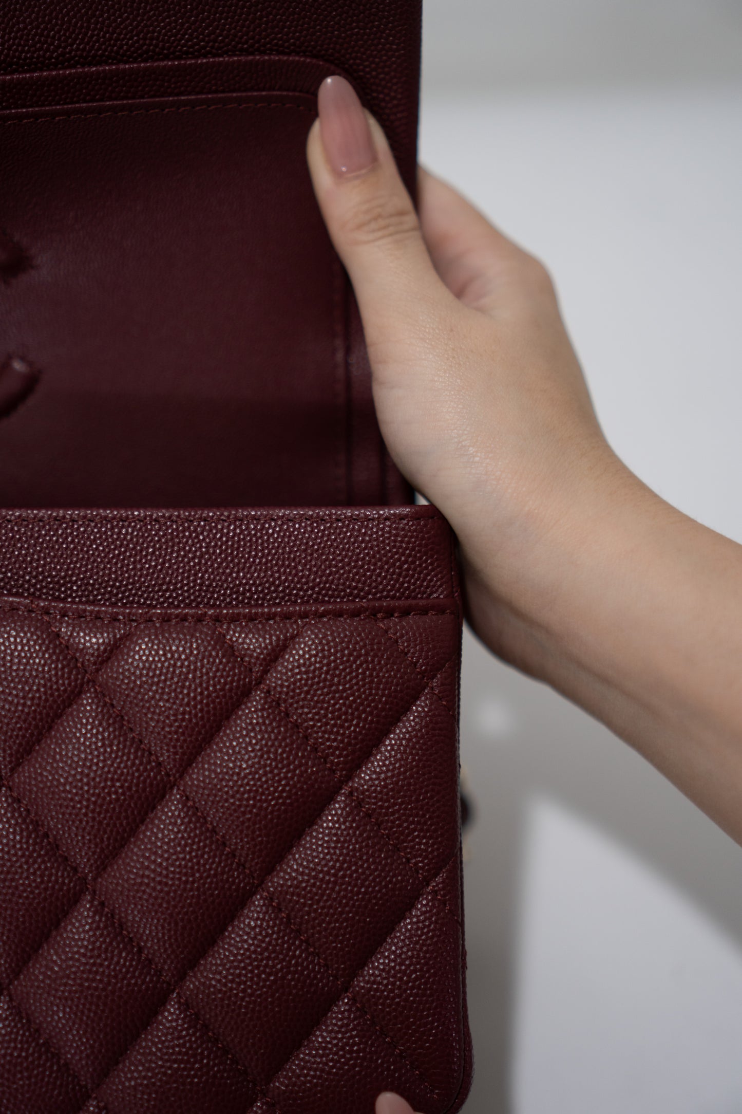 Classic Flap Bag – Burgundy Caviar Leather with Light Gold Hardware