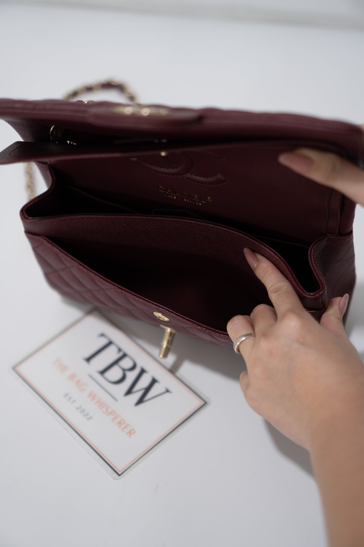 Classic Flap Bag – Burgundy Caviar Leather with Light Gold Hardware