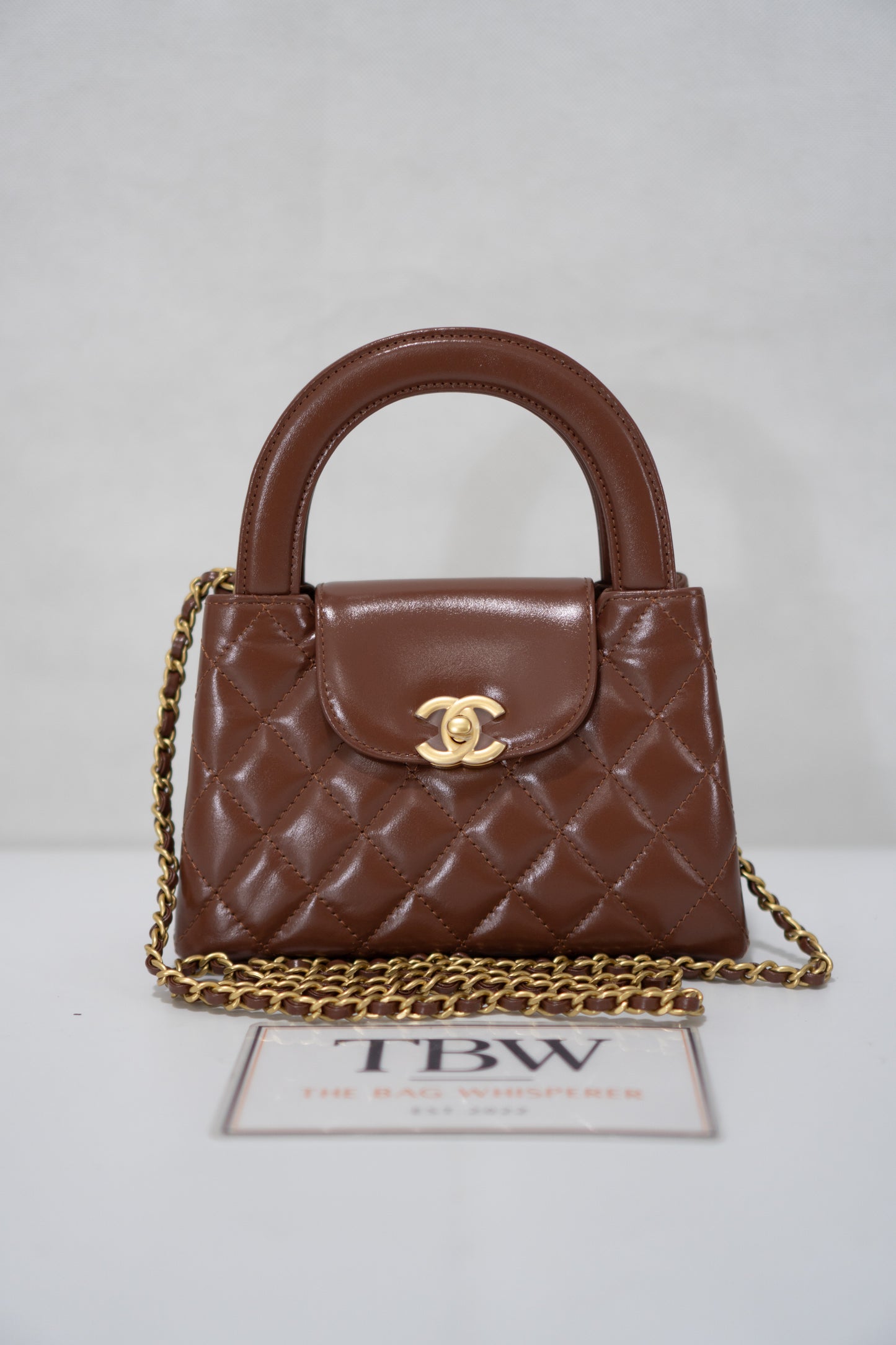 Quilted Mini KL Top Handle Bag – Brown Aged Calfskin Leather with Gold Hardware
