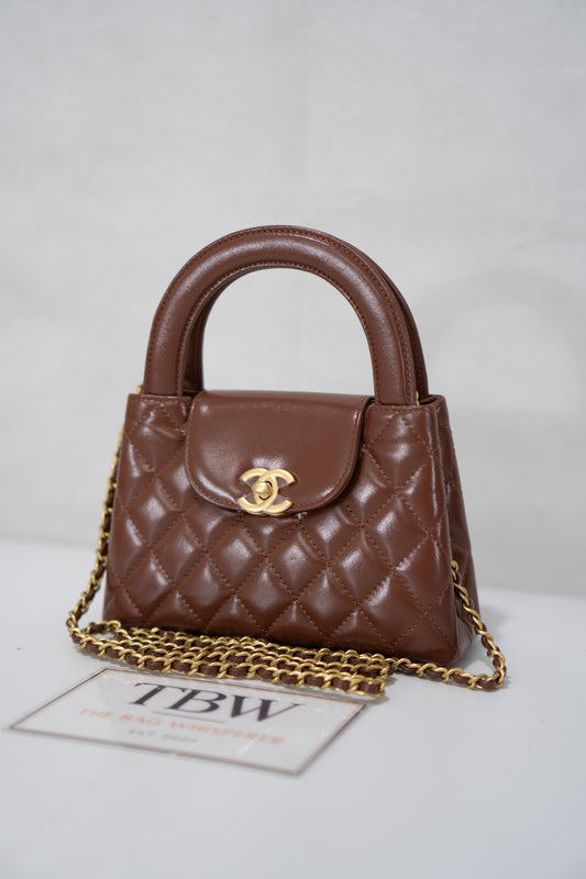 Quilted Mini KL Top Handle Bag – Brown Aged Calfskin Leather with Gold Hardware