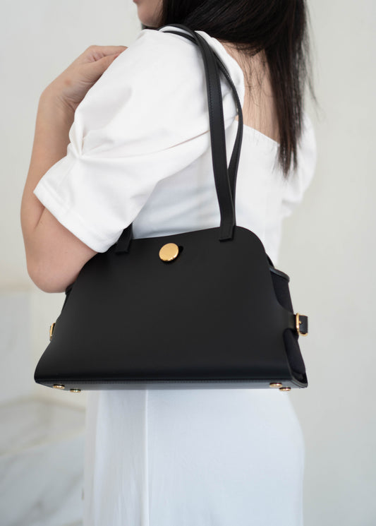 Tablier Shoulder Bag – Black Smooth Leather with Gold Hardware