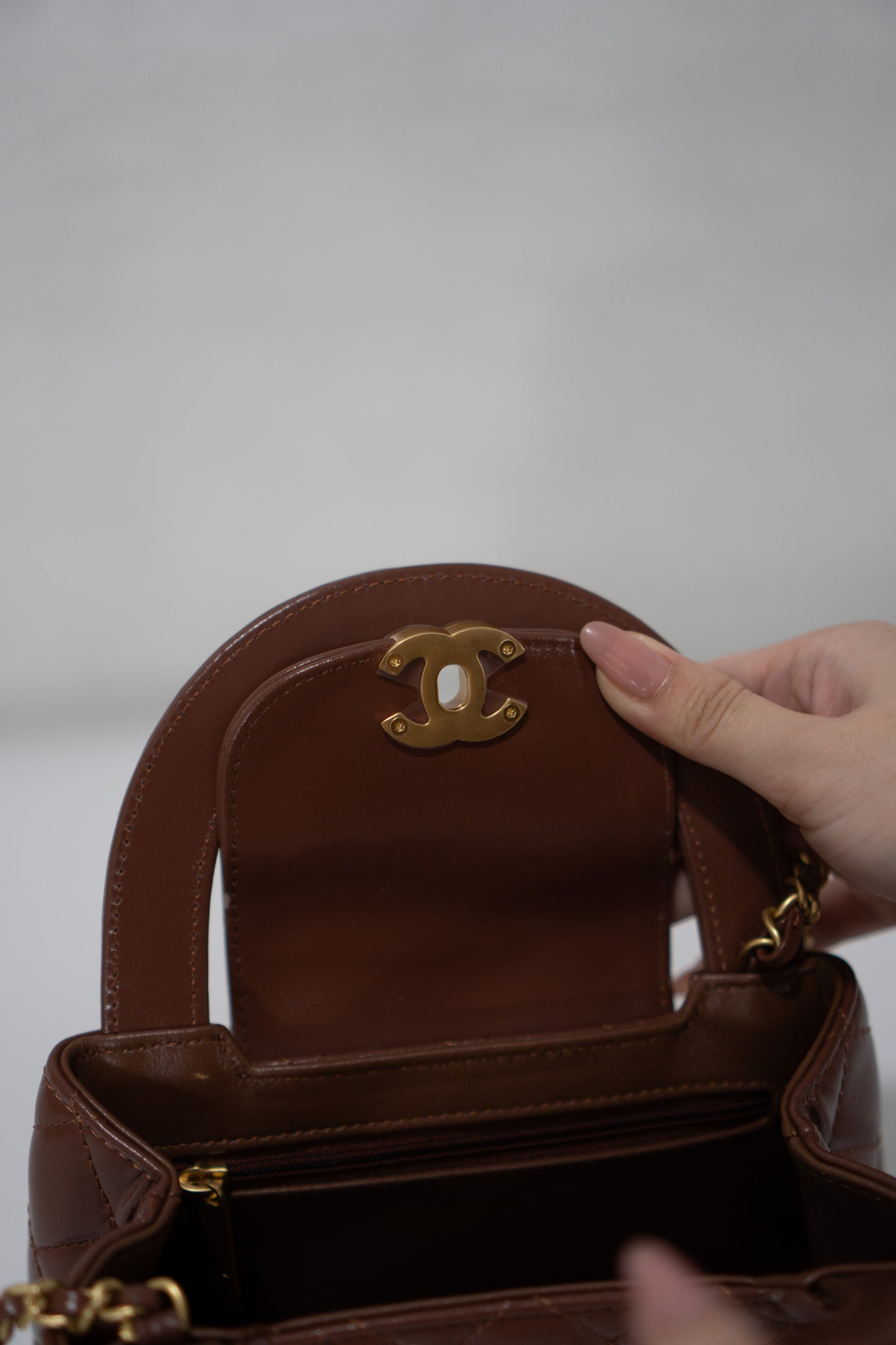 Quilted Mini KL Top Handle Bag – Brown Aged Calfskin Leather with Gold Hardware