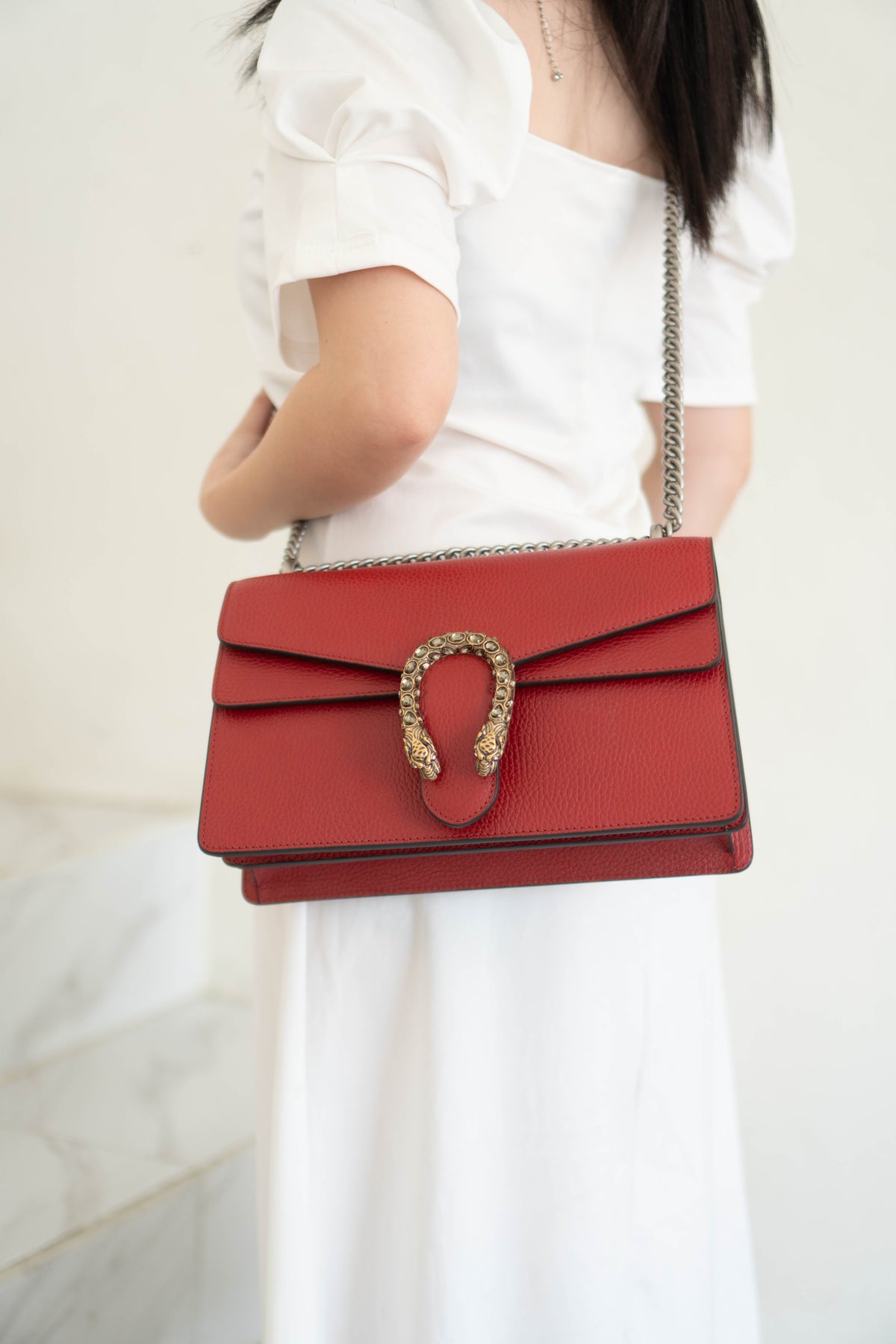 Dionysus Medium – Red Textured Leather with Antique Silver Hardware