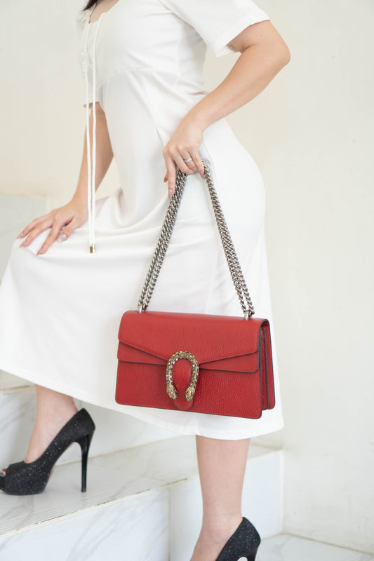 Dionysus Medium – Red Textured Leather with Antique Silver Hardware