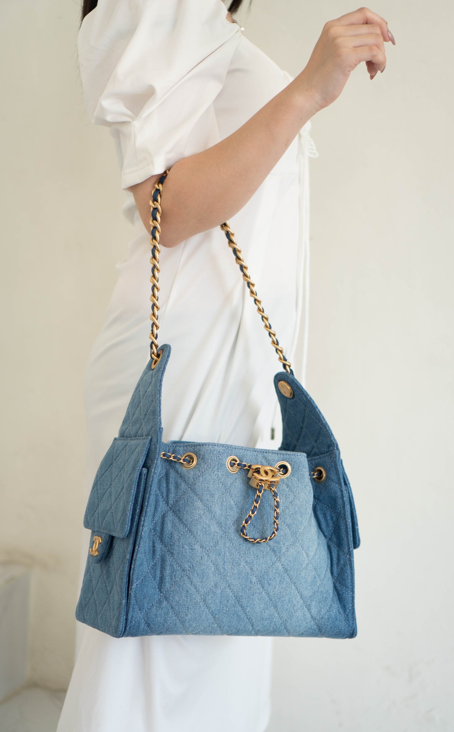 C25 Drawstring Bag – Denim Quilted Fabric with Gold Hardware (25s Collection)