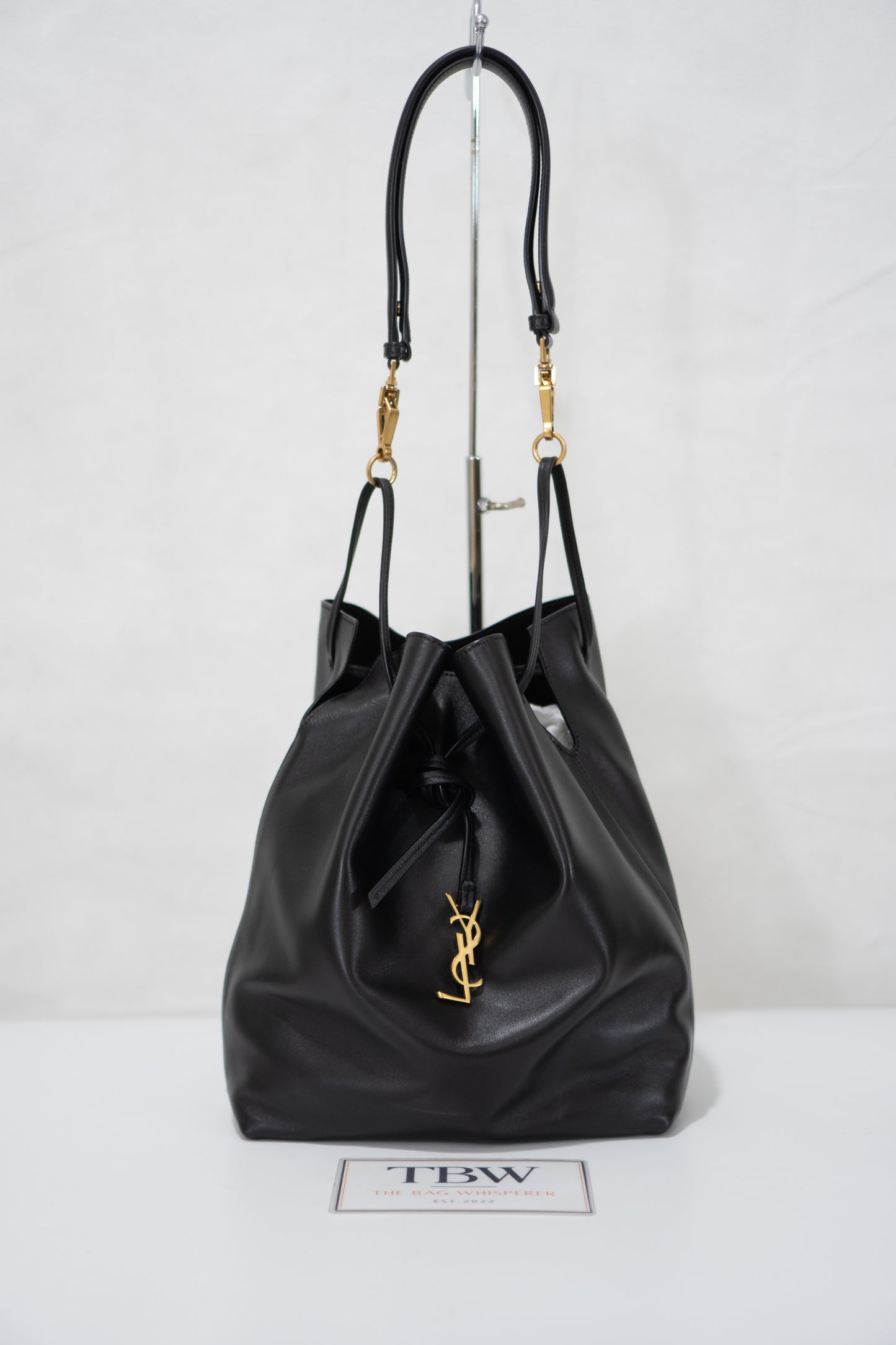 Monogram Drawstring Bucket Bag – Black Lambskin Leather with Gold Hardware