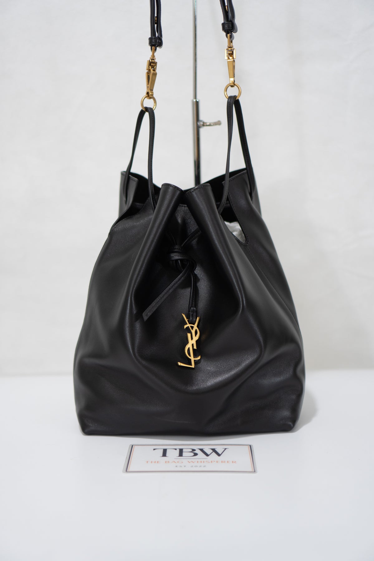 Monogram Drawstring Bucket Bag – Black Lambskin Leather with Gold Hardware