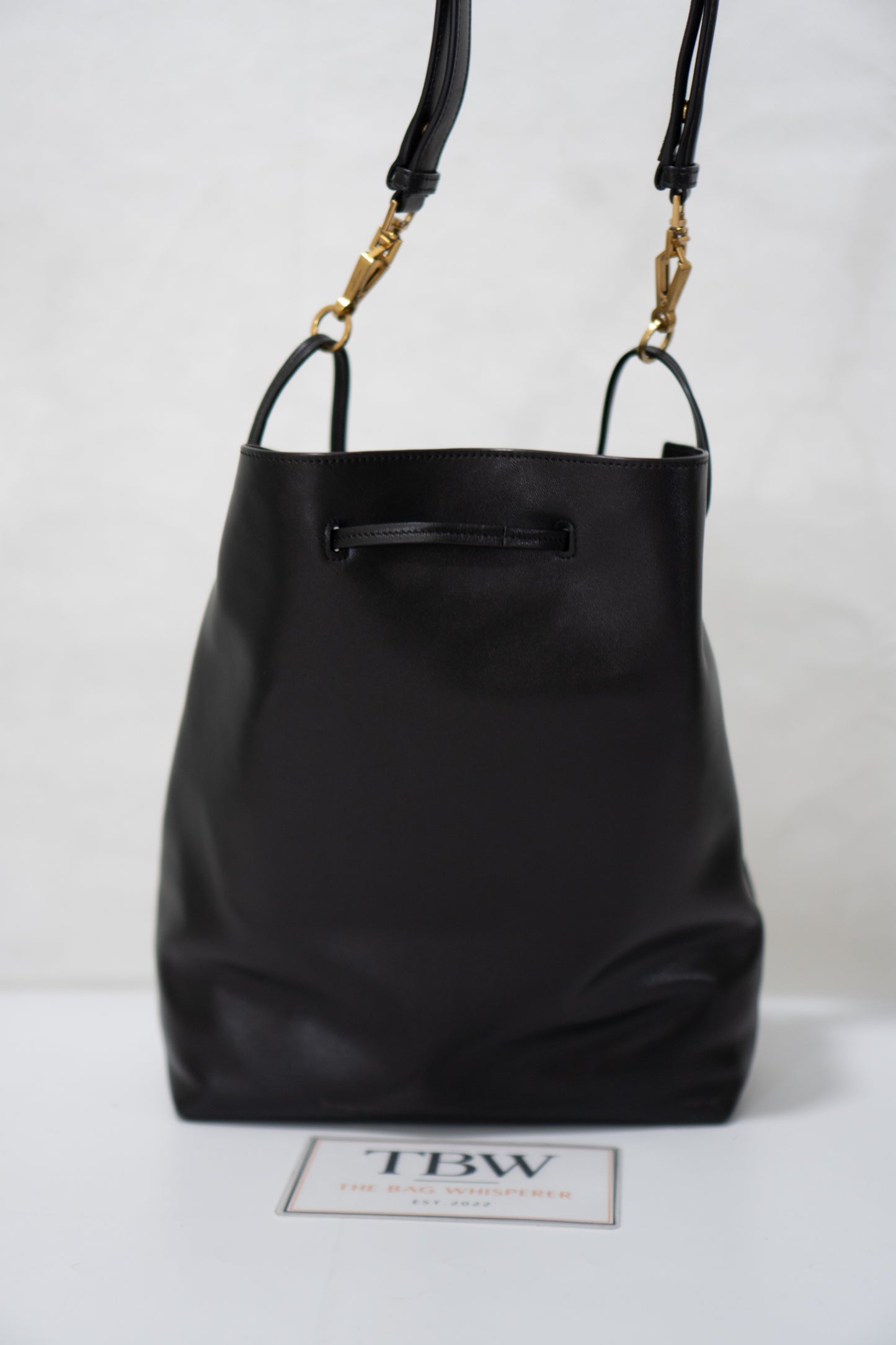 Monogram Drawstring Bucket Bag – Black Lambskin Leather with Gold Hardware