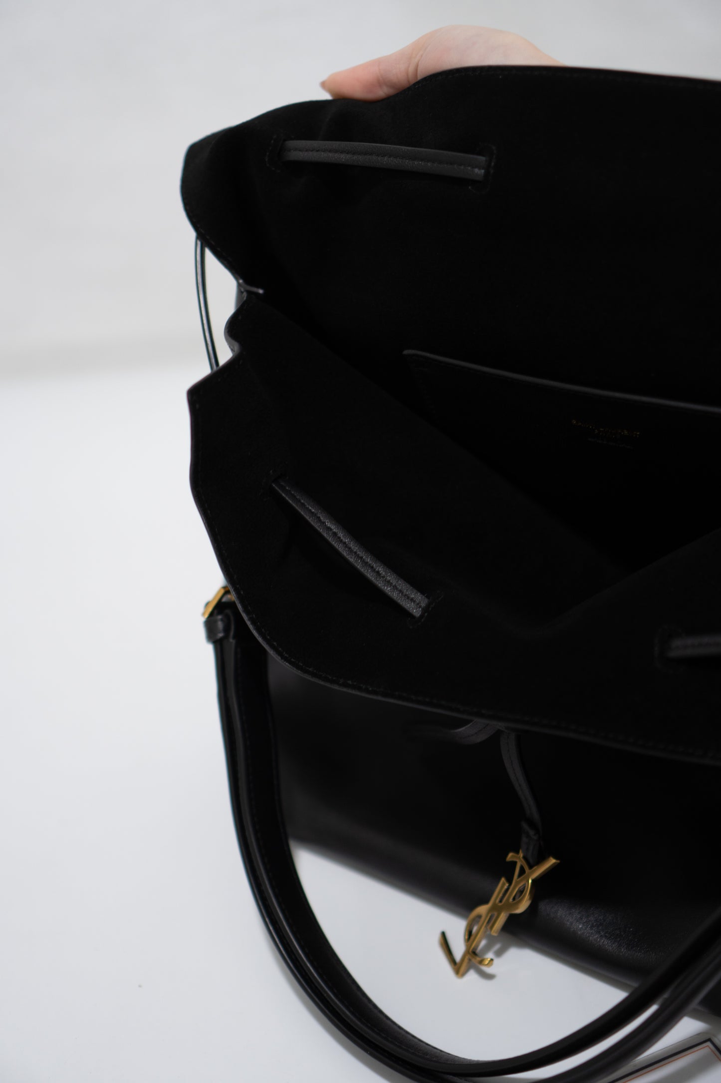 Monogram Drawstring Bucket Bag – Black Lambskin Leather with Gold Hardware