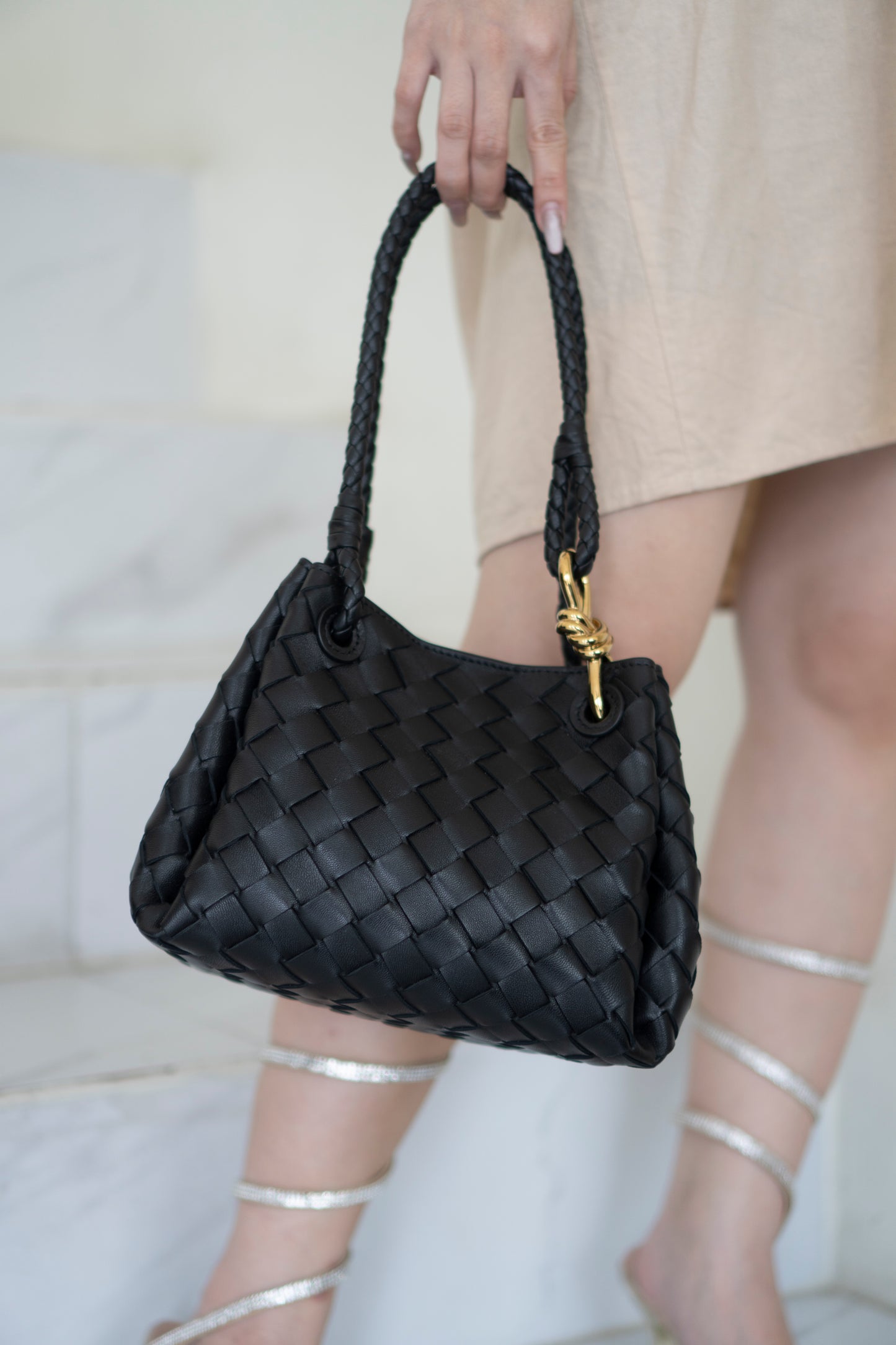 Parachute Bag – Black Intrecciato Leather with Gold Hardware