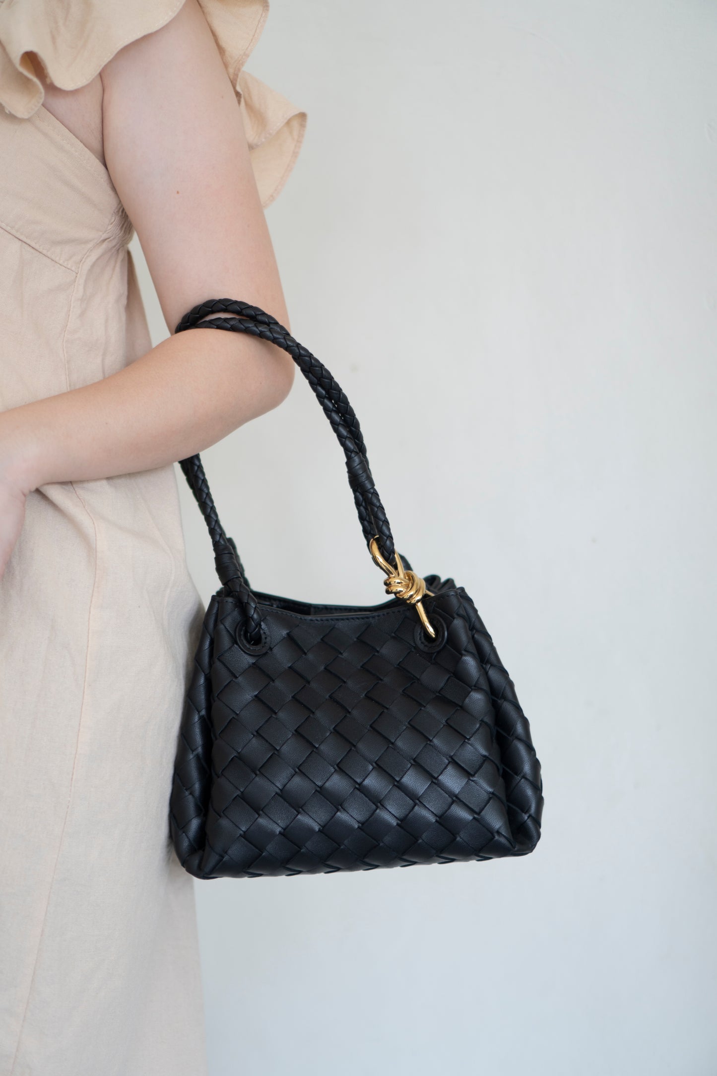 Parachute Bag – Black Intrecciato Leather with Gold Hardware