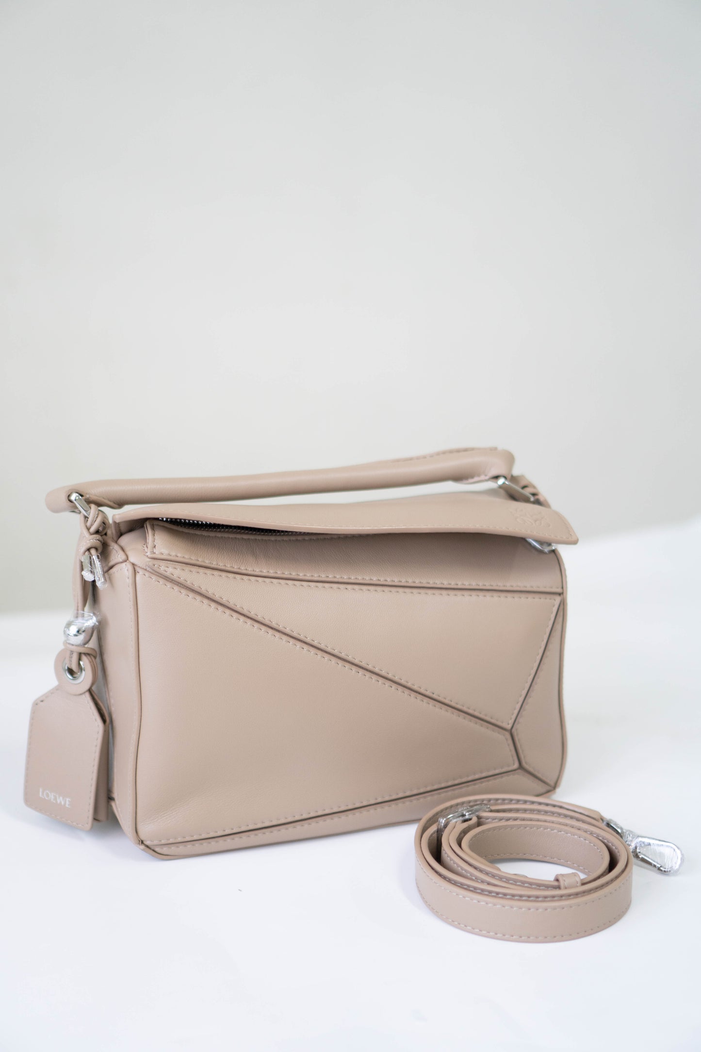 Puzzle Featherlight in Sand/Clay Beige Soft Grained Calfskin with Silver Hardware