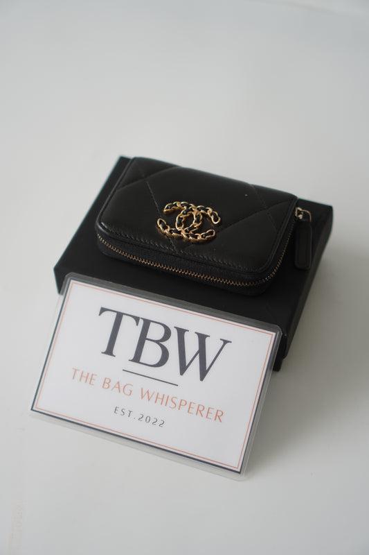 19 Card Holder – Black Lambskin with Gold Hardware