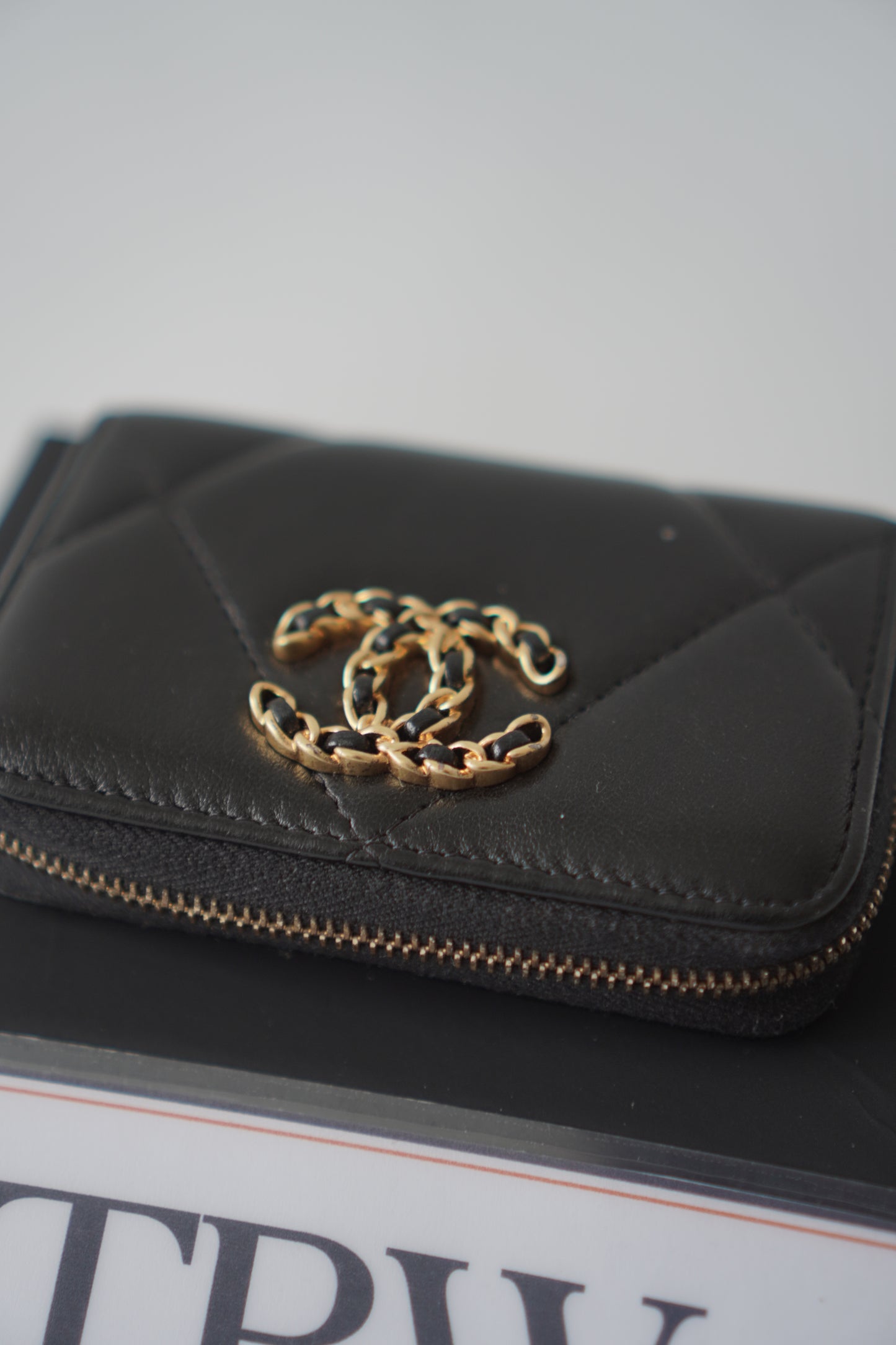 19 Card Holder – Black Lambskin with Gold Hardware