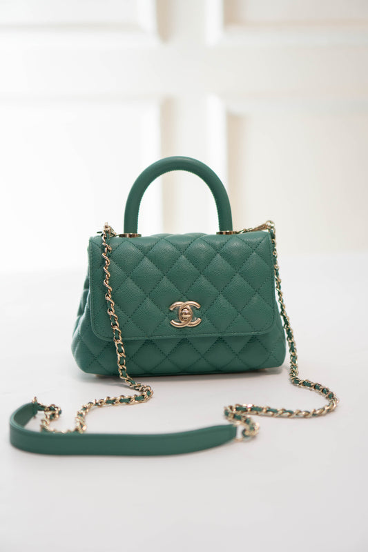 Coco Handle Mini in Green Caviar leather with Silver Hardware