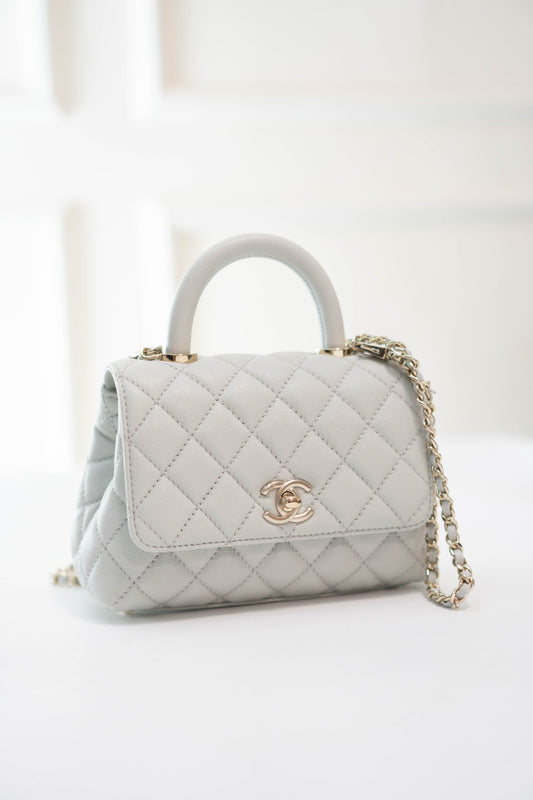 Coco Handle Mini in Light Gray Caviar Leather with Silver Hardware