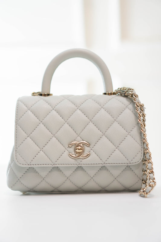 Coco Handle Mini in Light Gray Caviar Leather with Silver Hardware