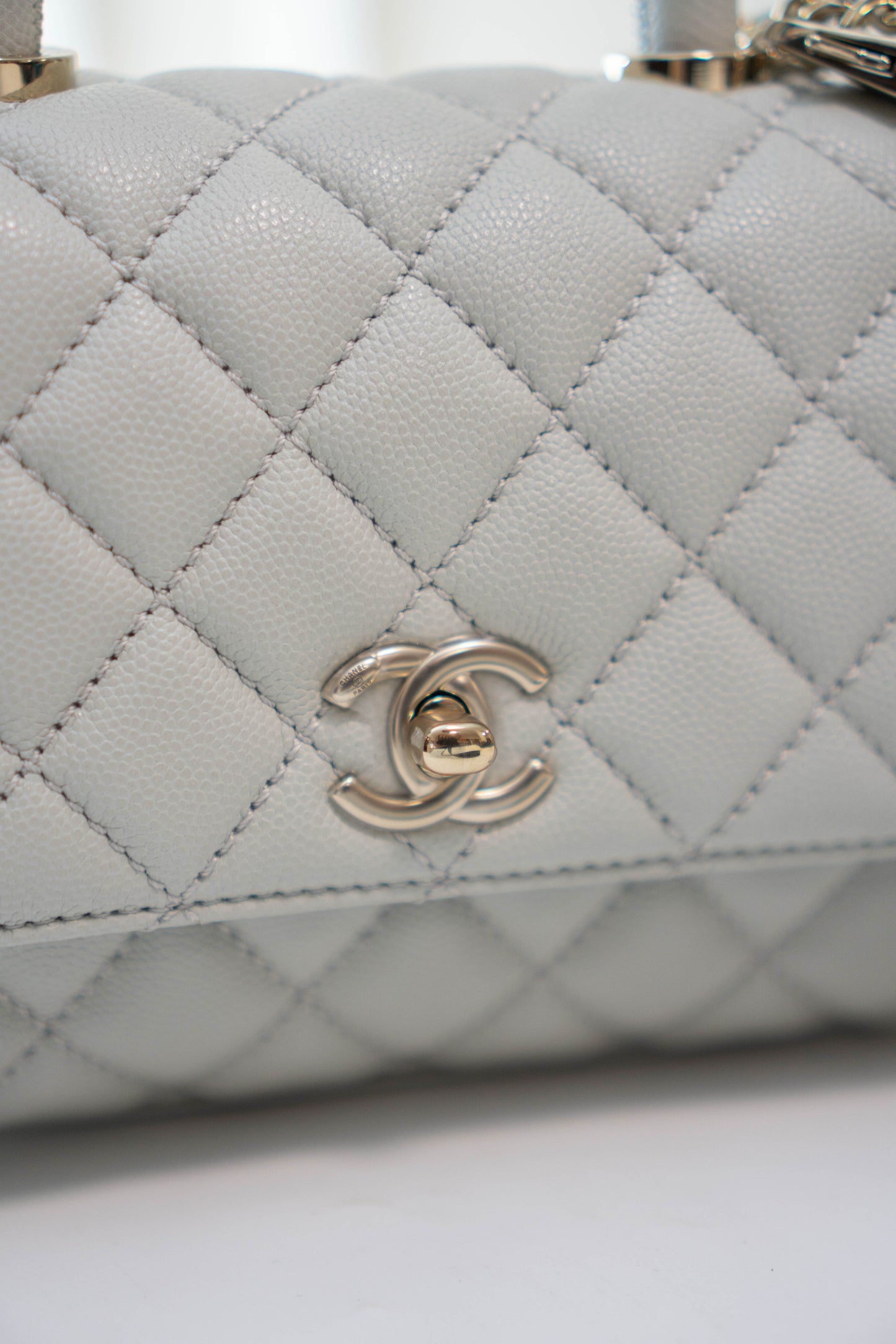 Coco Handle Mini in Light Gray Caviar Leather with Silver Hardware