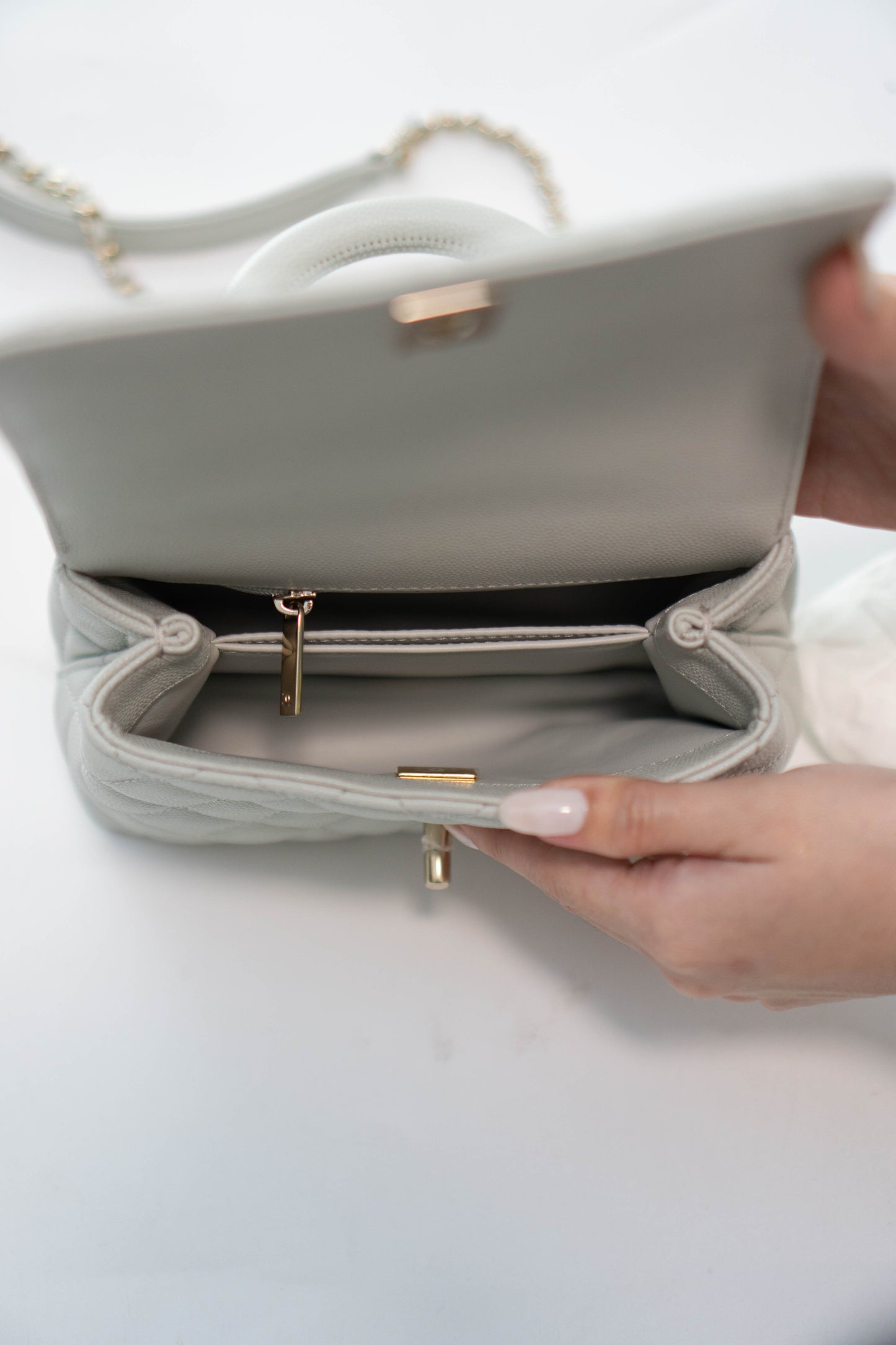 Coco Handle Mini in Light Gray Caviar Leather with Silver Hardware
