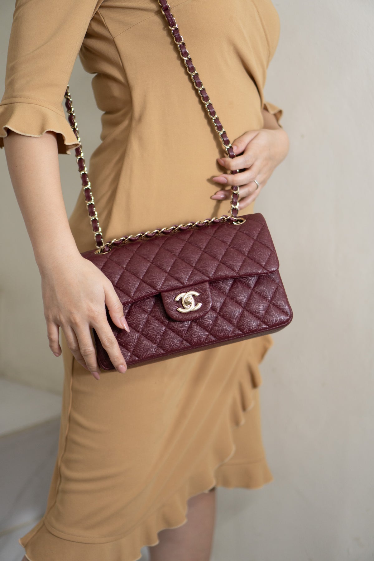 Classic Flap Bag – Burgundy Caviar Leather with Light Gold Hardware