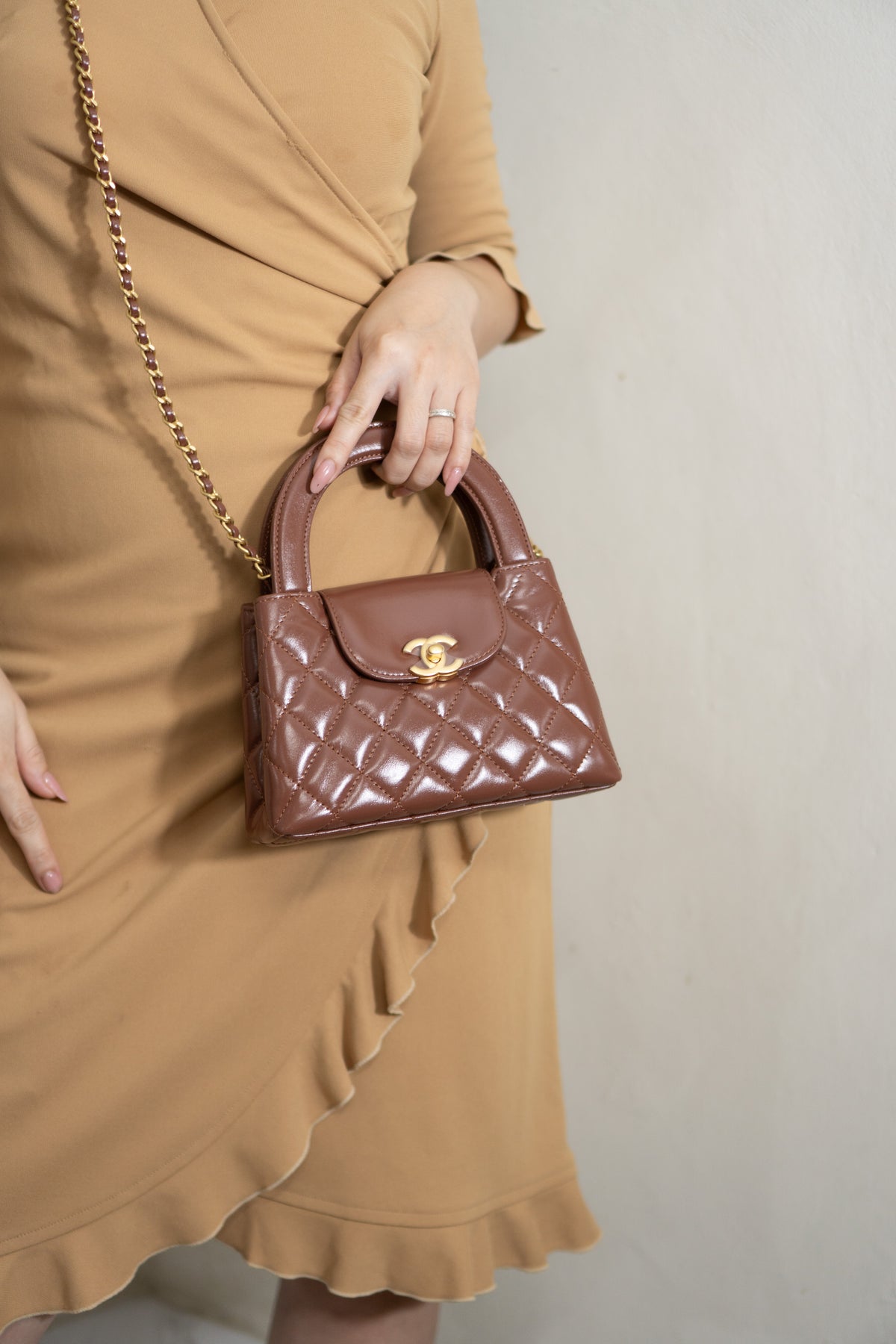 Quilted Mini KL Top Handle Bag – Brown Aged Calfskin Leather with Gold Hardware