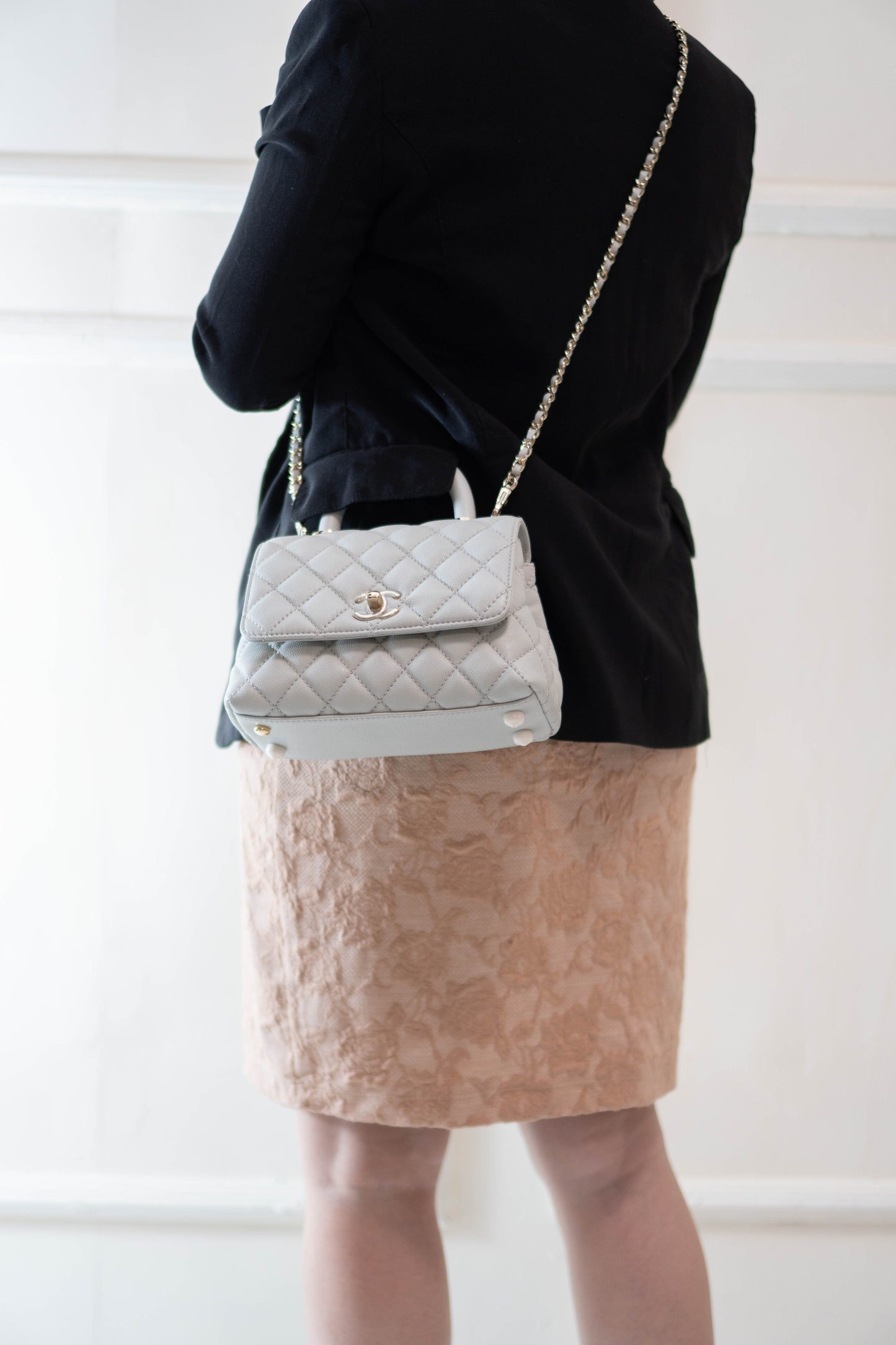 Coco Handle Mini in Light Gray Caviar Leather with Silver Hardware