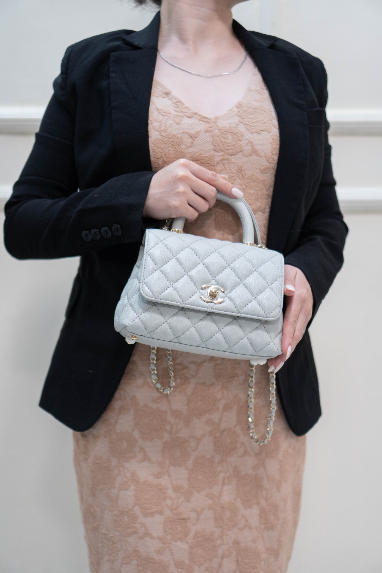 Coco Handle Mini in Light Gray Caviar Leather with Silver Hardware