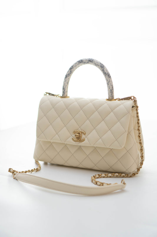 Coco Handle in Ivory or Cream Caviar Leather