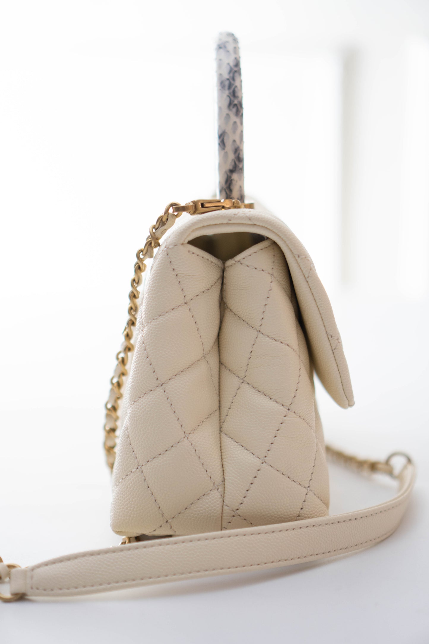 Coco Handle in Ivory or Cream Caviar Leather
