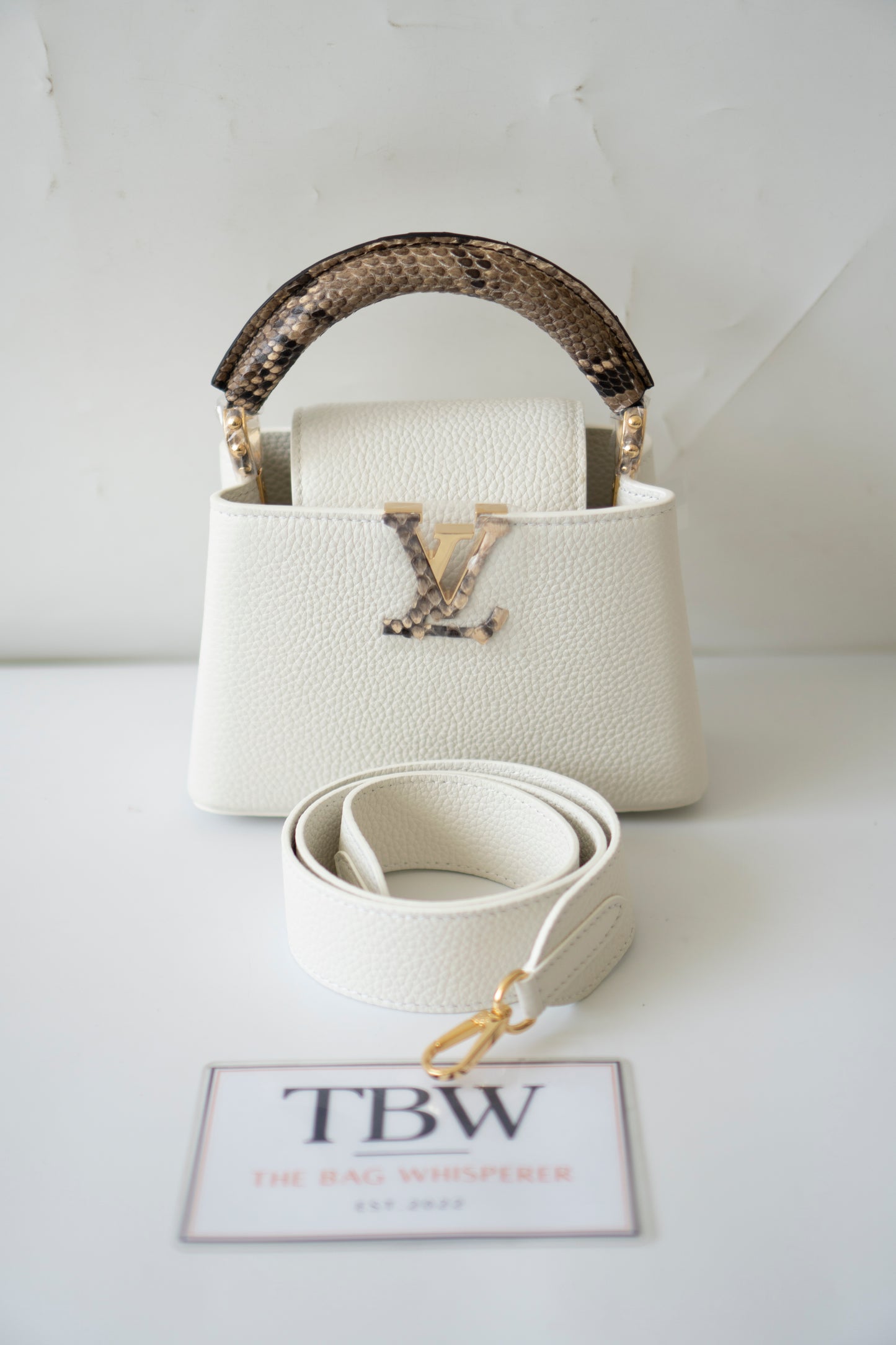 Capucines Mini – White Taurillon with Snakeskin Handle